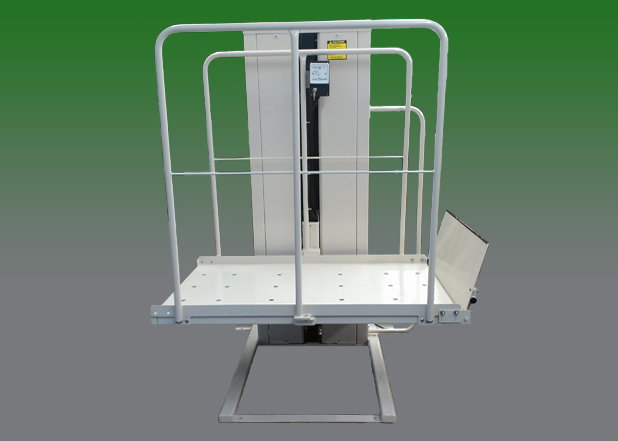 Mac's PL-50 vertical platform wheelchair porch lift for mobile homes with safety rails and ramp - ELECTROPEDIC