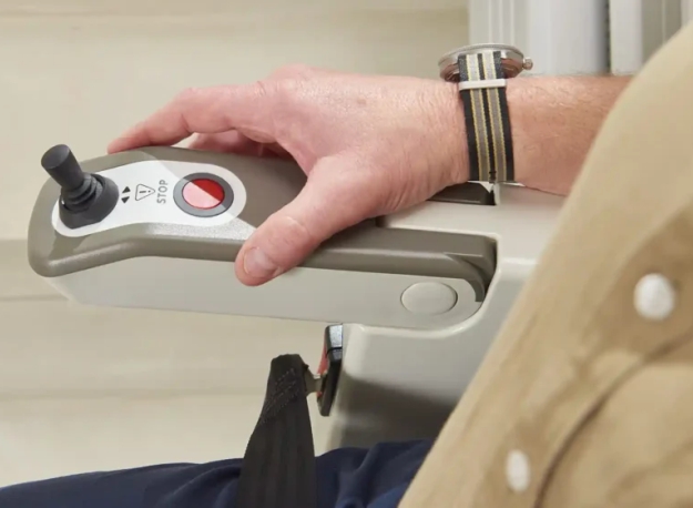 AccessBDD HomeGlide straight indoor stair lift installed on a home staircase by ELECTROPEDIC