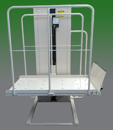 Mac's PL-50 all-weather vertical platform porch lift with automotive-grade powder coat finish outdoors - ELECTROPEDIC
