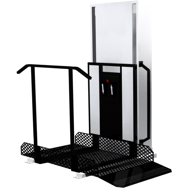 Wheelchair elevator porch lift with guardrails installed beside home steps - ELECTROPEDIC
